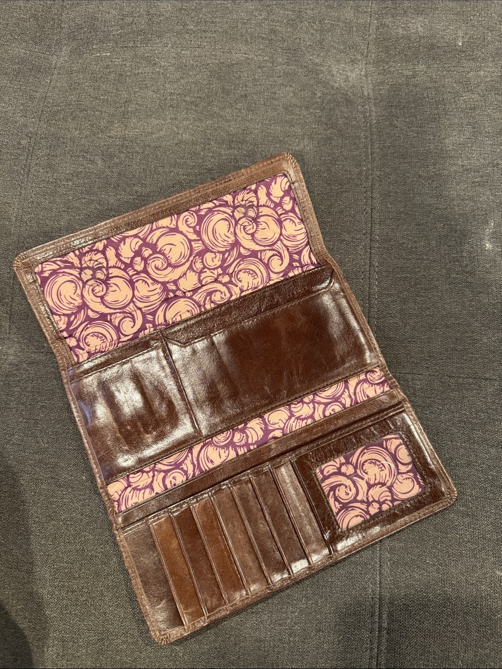 HOBO Brown Leather Card & Key Holder with Pink Floral Lining